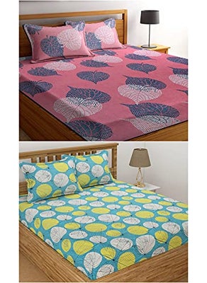 VAS COLLECTIONS VAS COLLECTIONS Double Bedsheet Combo Pack of 2 Supersoft Glace Cotton 180 TC Set of 2 bedsheet with 4 Pillow Cover Breathable Wrinkle Free 6 Pcs Set Pink Green  - Image 1