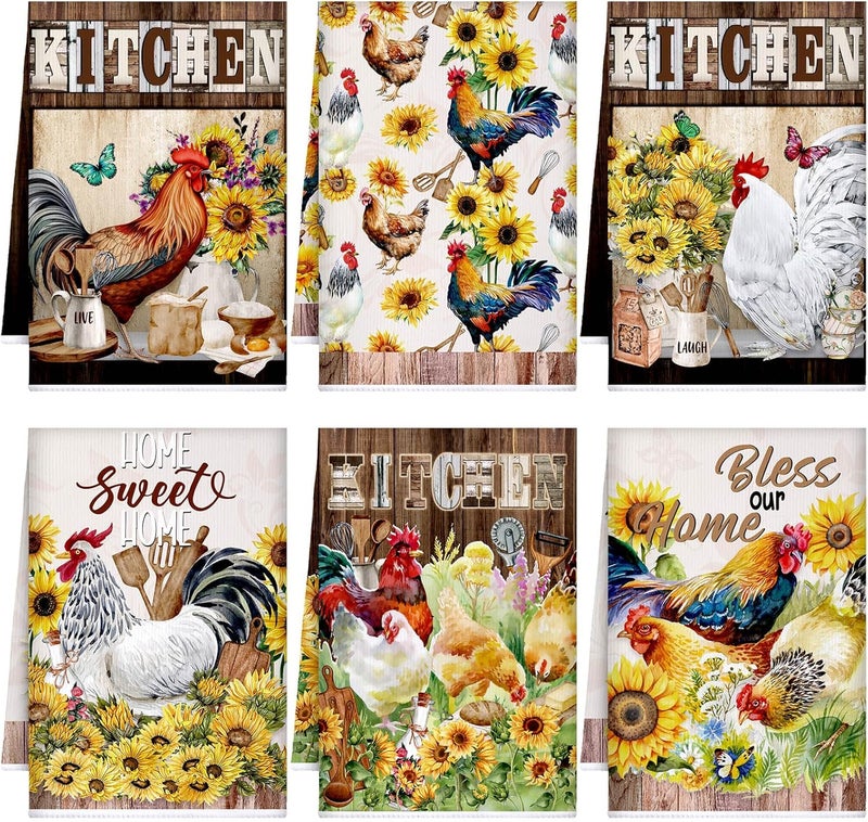 Bencailor 6 Pcs Rooster Kitchen Towels Farmhouse Vintage Dish Towels Farm Hand Towels 16 x 24 Inch Tea Towels for Cooking Baking Housewarming (Multicolor,Sunflower Rooster) - Image 1