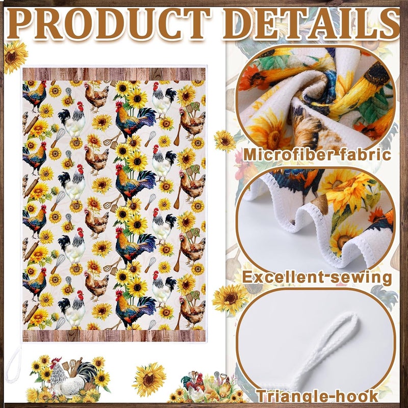 Bencailor 6 Pcs Rooster Kitchen Towels Farmhouse Vintage Dish Towels Farm Hand Towels 16 x 24 Inch Tea Towels for Cooking Baking Housewarming (Multicolor,Sunflower Rooster) - Image 3