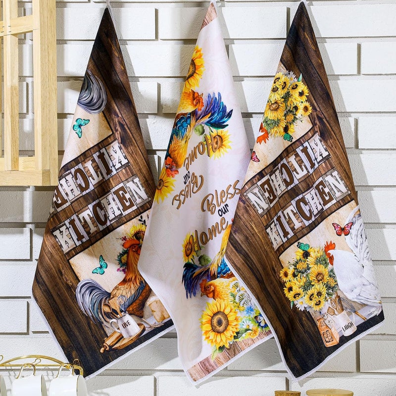 Bencailor 6 Pcs Rooster Kitchen Towels Farmhouse Vintage Dish Towels Farm Hand Towels 16 x 24 Inch Tea Towels for Cooking Baking Housewarming (Multicolor,Sunflower Rooster) - Image 2