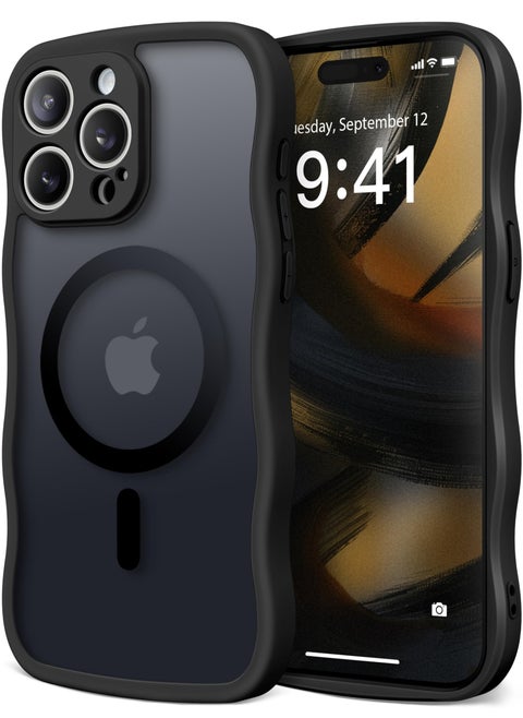 Cute for iPhone 15 Pro Max Case, Compatible with MagSafe, [Curly Wave Edge] [Full Camera Protection] [14 FT Drop Shockproof Protection] Magnetic Phone Case for 15 Pro Max 6.7 Inch, Black