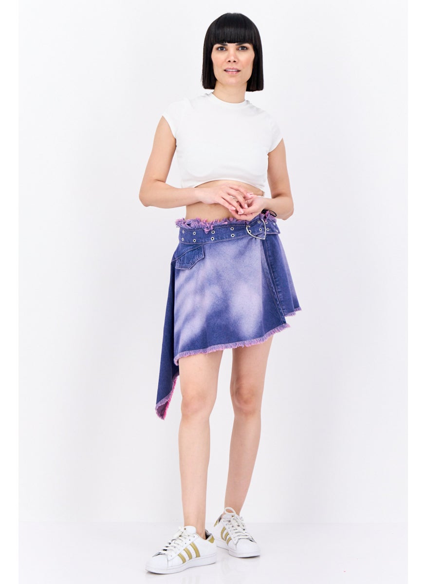 Bershka Women Washed Wrap Denim Skirt, Purple  - Image 4