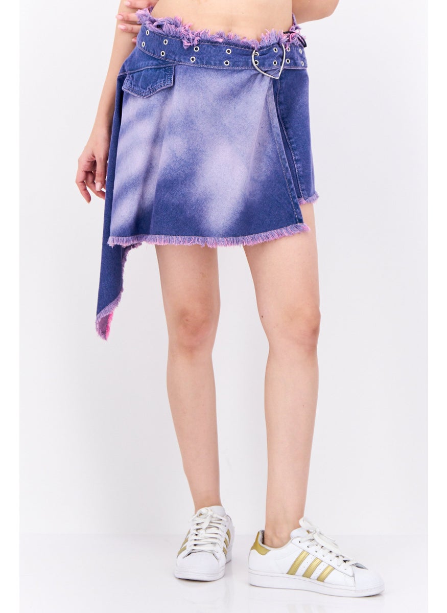 Bershka Women Washed Wrap Denim Skirt, Purple  - Image 1