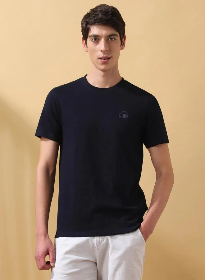 Dennis Lingo Men's Navy 100% Cotton Solid Pattern Regular Fit T-Shirt