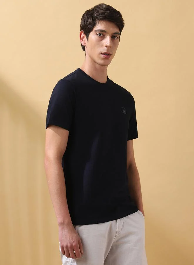 Dennis Lingo Men's Navy 100% Cotton Solid Pattern Regular Fit T-Shirt