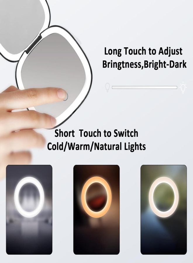 Portable makeup mirror with LED lamp 1/10 times magnification USB charging touch three-color dimming Black - Image 2