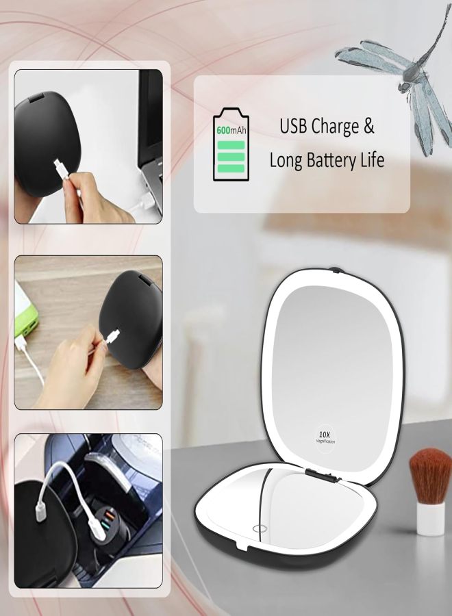 Portable makeup mirror with LED lamp 1/10 times magnification USB charging touch three-color dimming Black - Image 4