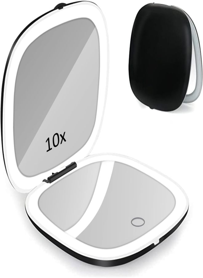 Portable makeup mirror with LED lamp 1/10 times magnification USB charging touch three-color dimming Black - Image 1