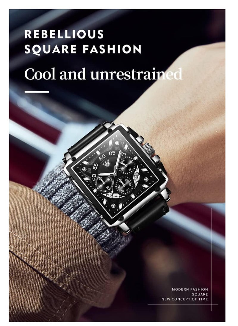 SYOSI - Square Watches for Men Brown Leather Chronograph Fashion Business Watch Luminous Waterproof Casual Wrist Watches - Image 1