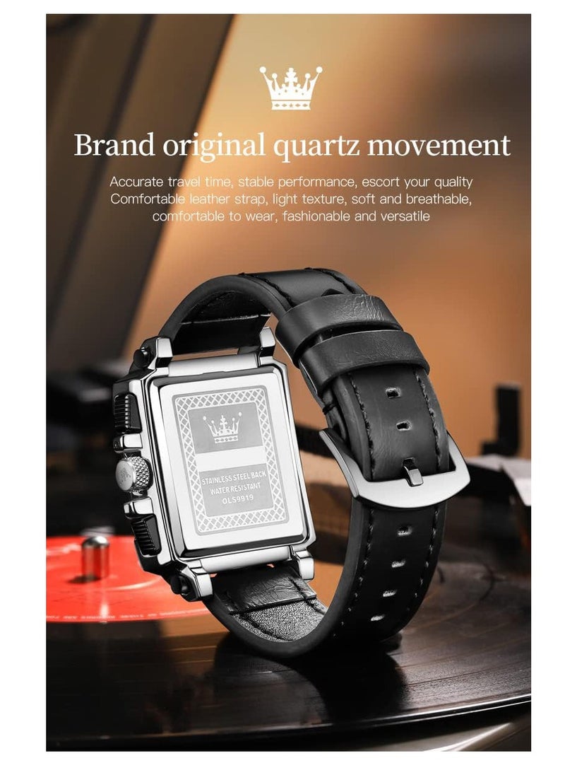 SYOSI - Square Watches for Men Brown Leather Chronograph Fashion Business Watch Luminous Waterproof Casual Wrist Watches - Image 1