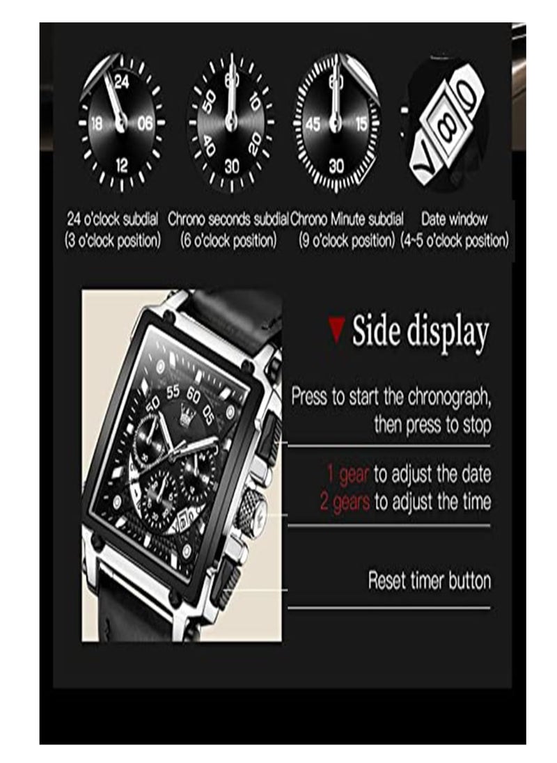SYOSI - Square Watches for Men Brown Leather Chronograph Fashion Business Watch Luminous Waterproof Casual Wrist Watches - Image 1
