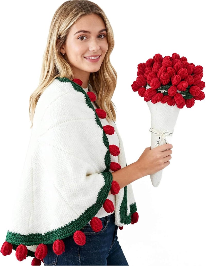 Acteb Finished Crochet Flower Bouquet Blanket Valentine Gifts, Handmade Knitted Rose Flower Throw Blankets, White Elephant Gift for Adults Teens Kids Funny Useful, 32 Inch - Image 1