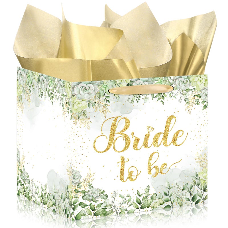 Woosytoo Large Bridal Shower Square Gift Bags Sage Green Bride Gift Bag with Tissue Paper Bridal Wrapping Paper Bachelorette Engagement Wedding Shower Favor Bag for Bride to Be Party Decoration - Image 1