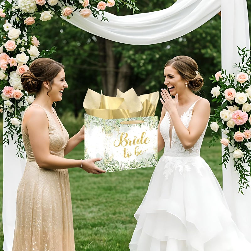 Woosytoo Large Bridal Shower Square Gift Bags Sage Green Bride Gift Bag with Tissue Paper Bridal Wrapping Paper Bachelorette Engagement Wedding Shower Favor Bag for Bride to Be Party Decoration - Image 5