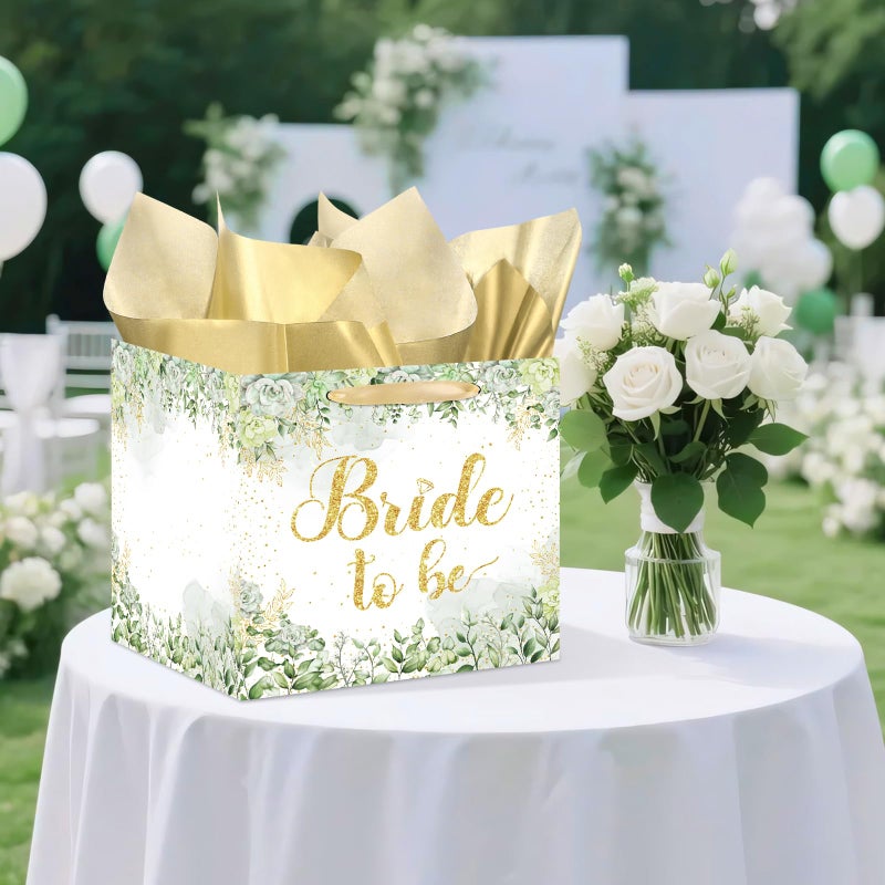 Woosytoo Large Bridal Shower Square Gift Bags Sage Green Bride Gift Bag with Tissue Paper Bridal Wrapping Paper Bachelorette Engagement Wedding Shower Favor Bag for Bride to Be Party Decoration - Image 2