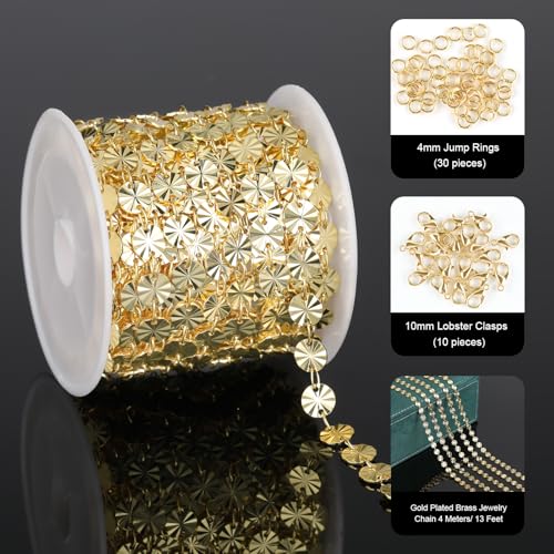 UMAOKANG 4 Meters Light Gold Sequin Chain for Jewelry Making 18K Gold Plated Brass Jewelry Making Chains Bulk - Image 2
