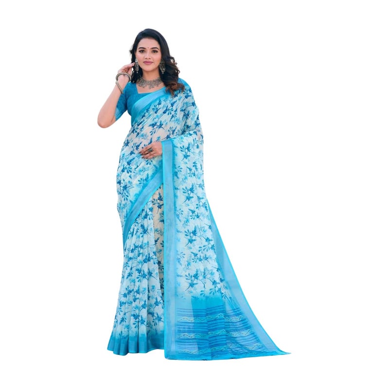Sidhidata Women's Digital Printed Cotton Linen Blend Saree with Unstitched Blouse Piece in Sky Blue and Multicolor - Image 1