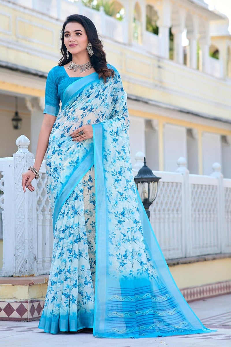 Sidhidata Women's Digital Printed Cotton Linen Blend Saree with Unstitched Blouse Piece in Sky Blue and Multicolor - Image 5