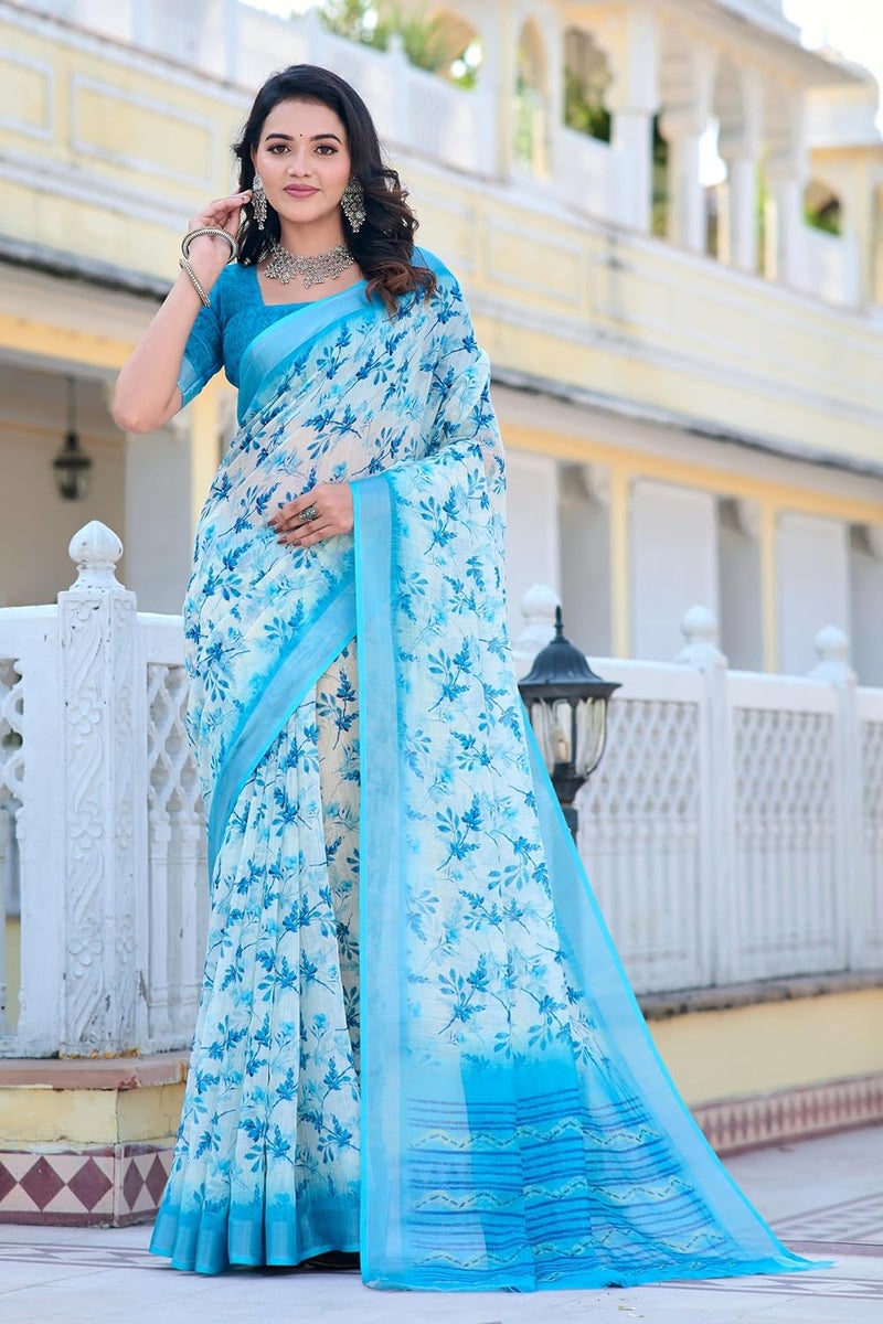 Sidhidata Women's Digital Printed Cotton Linen Blend Saree with Unstitched Blouse Piece in Sky Blue and Multicolor - Image 2