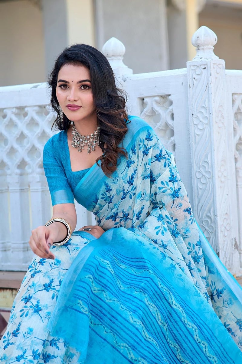 Sidhidata Women's Digital Printed Cotton Linen Blend Saree with Unstitched Blouse Piece in Sky Blue and Multicolor - Image 3
