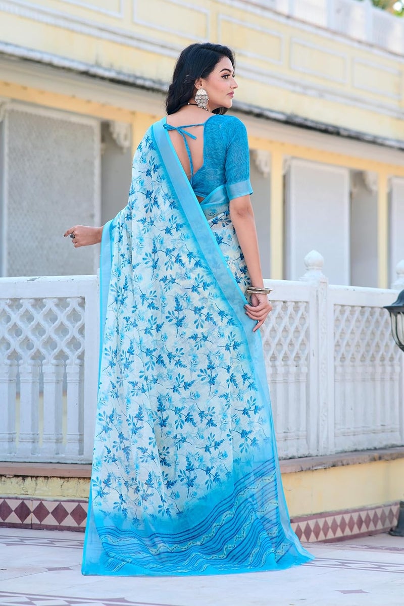 Sidhidata Women's Digital Printed Cotton Linen Blend Saree with Unstitched Blouse Piece in Sky Blue and Multicolor - Image 4