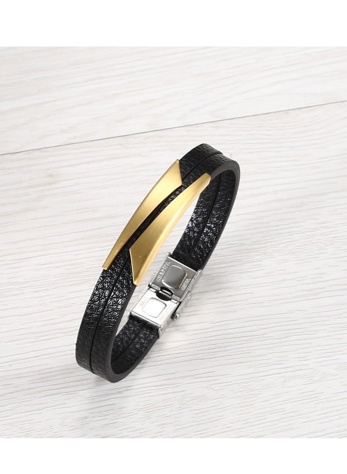 Kenzs European and American creative stainless steel leather bracelet men's simple bevel style double leather rope hand jewelry