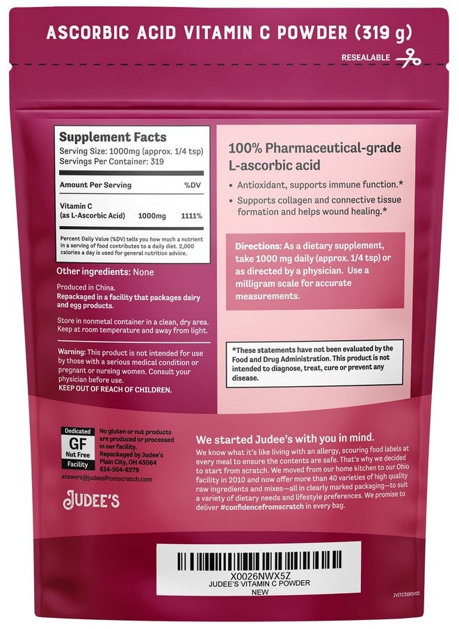 Judee's Gluten Free - Judee’S Pure Vitamin C Powder 11.25 Oz - 100% Non-Gmo, Gluten-Free And Nut-Free - (L - Ascorbic Acid) - Immune Support & Antioxidant Supplement - No Fillers - For Cosmetics And Preserving Foods - Image 1