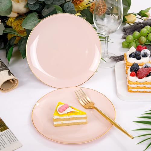 Rubtlamp 200Pcs Plastic Pink Dessert Plates with Disposable Gold Forks,Heavy Duty Pink Disposable Salad Platos,Gold Small Platos,Fancy Appetizer Plates for Mother's Day - Image 3
