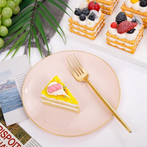 Rubtlamp 200Pcs Plastic Pink Dessert Plates with Disposable Gold Forks,Heavy Duty Pink Disposable Salad Platos,Gold Small Platos,Fancy Appetizer Plates for Mother's Day - Image 4