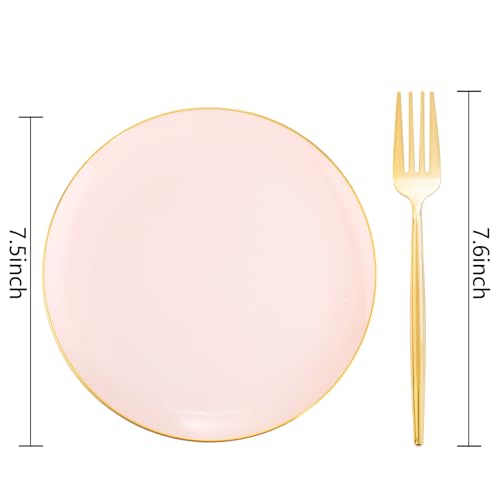 Rubtlamp 200Pcs Plastic Pink Dessert Plates with Disposable Gold Forks,Heavy Duty Pink Disposable Salad Platos,Gold Small Platos,Fancy Appetizer Plates for Mother's Day - Image 2
