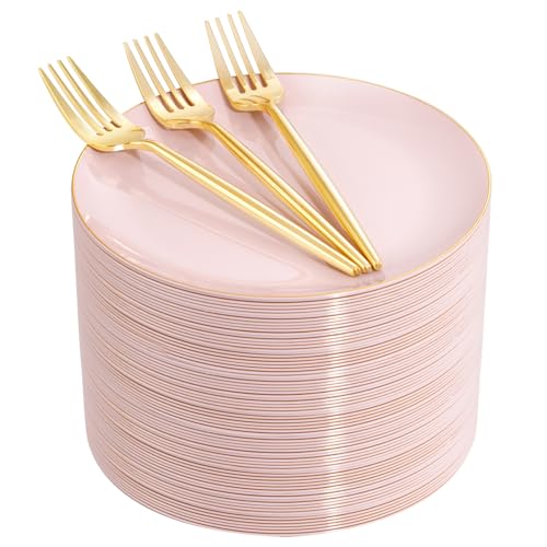 Rubtlamp 200Pcs Plastic Pink Dessert Plates with Disposable Gold Forks,Heavy Duty Pink Disposable Salad Platos,Gold Small Platos,Fancy Appetizer Plates for Mother's Day - Image 1