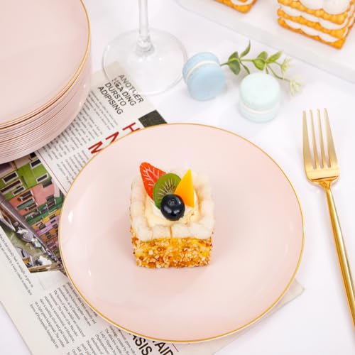 Rubtlamp 200Pcs Plastic Pink Dessert Plates with Disposable Gold Forks,Heavy Duty Pink Disposable Salad Platos,Gold Small Platos,Fancy Appetizer Plates for Mother's Day - Image 5