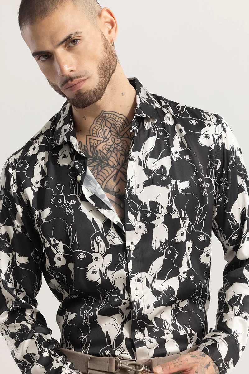 سنيتش Black Abstract Long Sleeve Slim Fit Casual Shirt