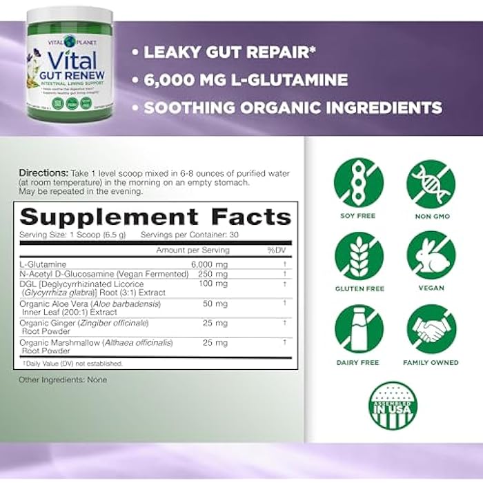 Vital Planet - Vital Gut Renew Powder Supplement for Leaky Gut Repair with L-Glutamine, Marshmallow and Ginger Root, DGL Licorice Root and Organic Aloe Vera, L Glutamine 6000mg 6.88 oz - Image 2