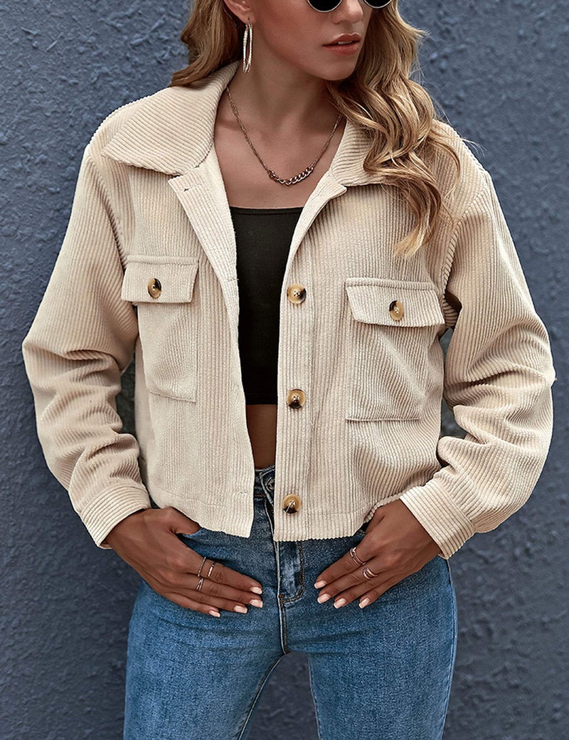 Gihuo Women's Fashion Cropped Shacket Button Down Corduroy Shacket Jackets Casual Plaid Long Sleeve Crop Jackets Tops (Apricot, XS) - Image 2