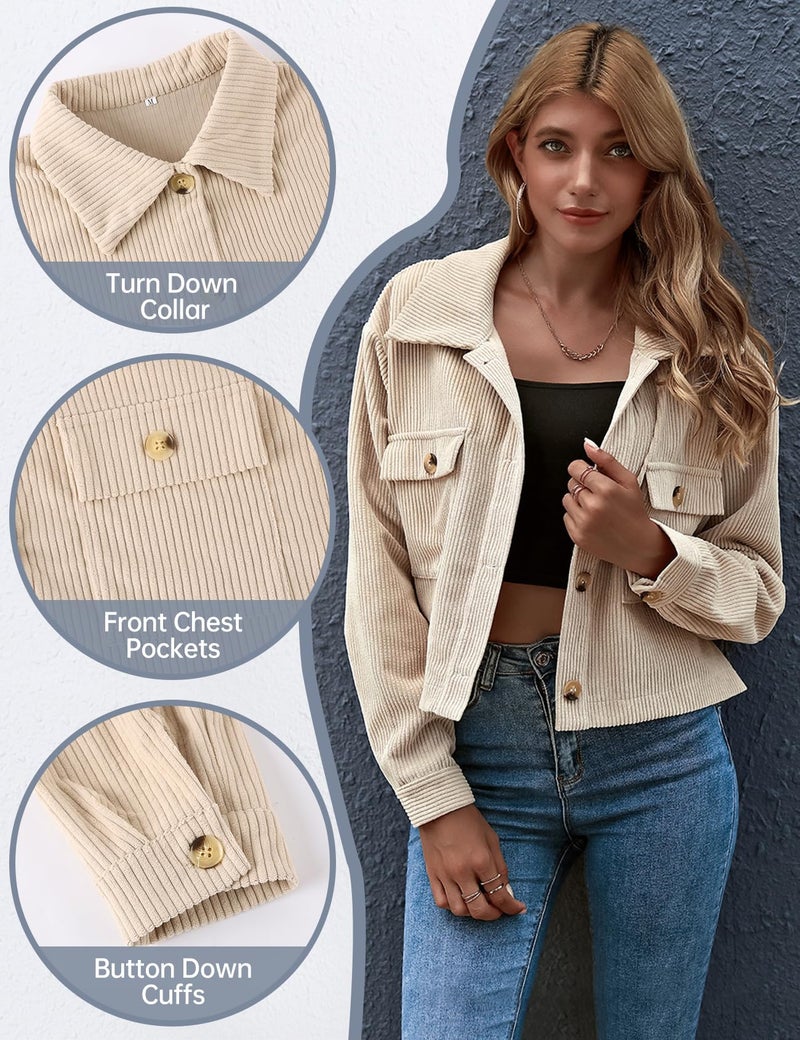 Gihuo Women's Fashion Cropped Shacket Button Down Corduroy Shacket Jackets Casual Plaid Long Sleeve Crop Jackets Tops (Apricot, XS) - Image 4
