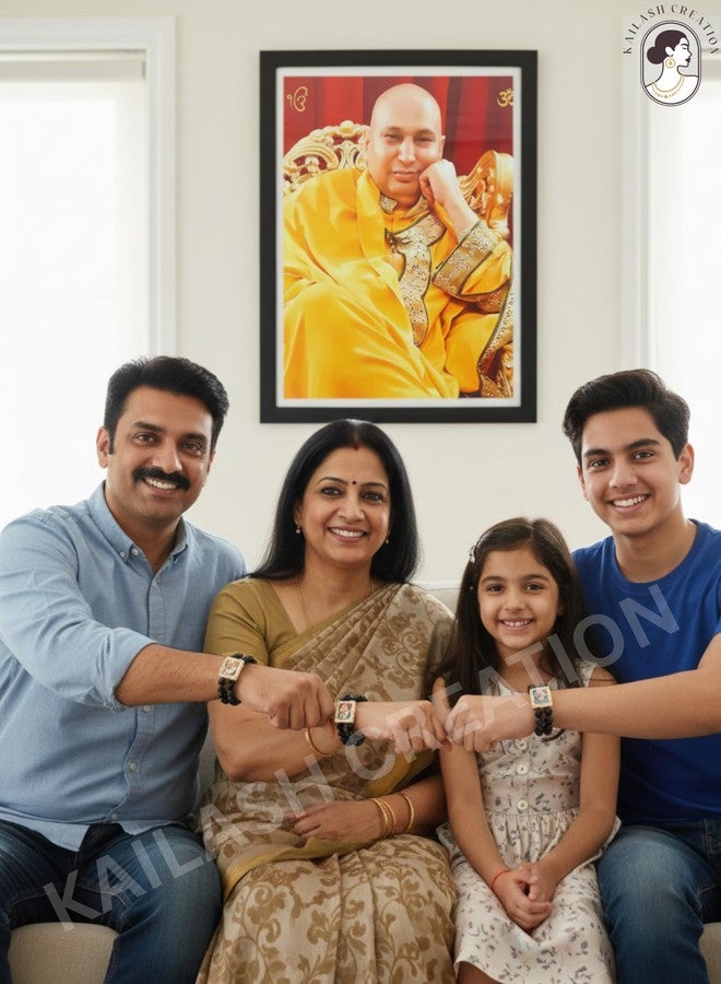 Kailash Creation Guruji Bracelet for Men, Women Kids | Nirmal Singh Maharaj Photo Bracelet | Double Black Beads Elastic Bracelets with American Diamonds | For Family and Guruji devotee (2 Bracelets) - Image 2