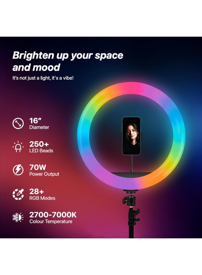 حلقة ضوء LED ملونة RGB بحجم 16 بوصة بدون حامل – 28 لونًا متعددًا مثالي لفيديوهات يوتيوب، جلسات التصوير، البث المباشر، والسيلفي - Image 5