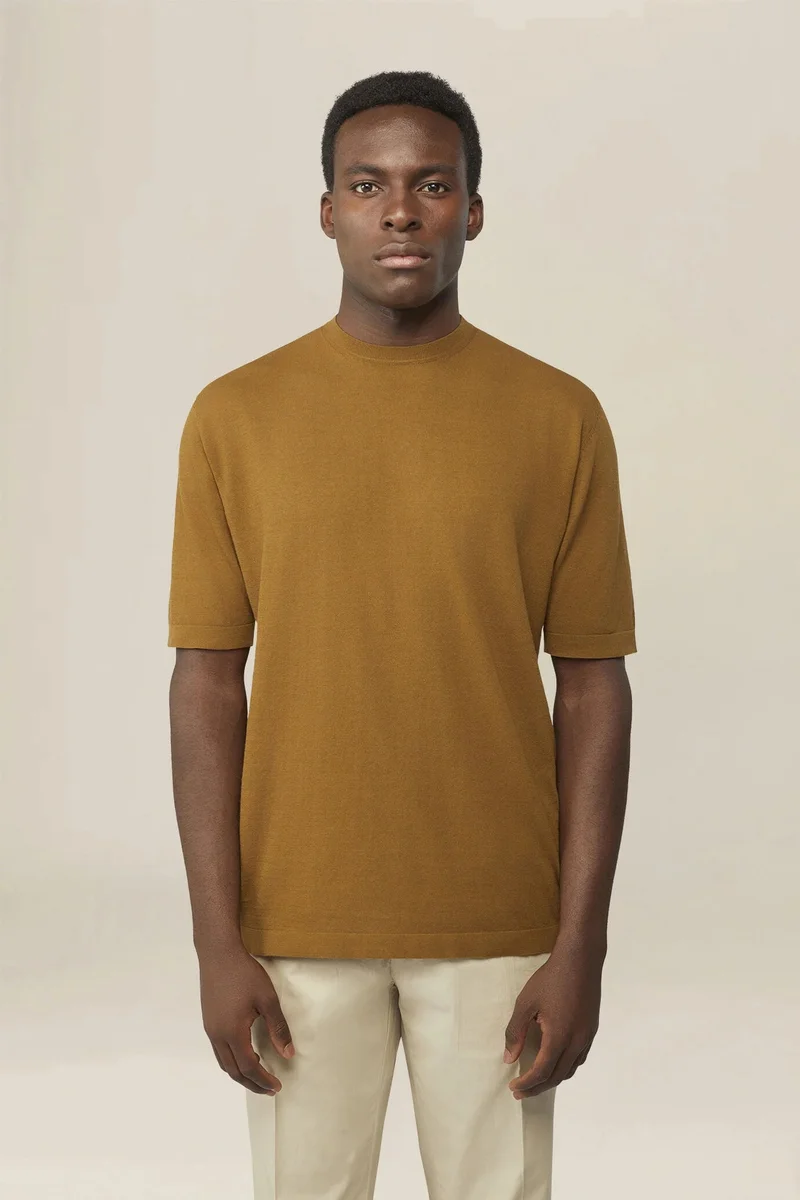 Men's knitted T-shirt in 100% cotton crepe - Olive Green