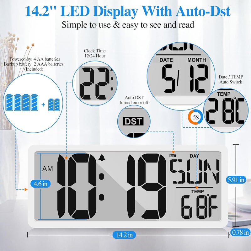 TXL Large Digital Wall Clock with Backlight, 14.2" Battery Operated Alarm Clock with Day, Date & Temperature, Jumbo Display Digital Count Up Down Timer Clock for Seniors, Home, Bedroom Office - Image 2