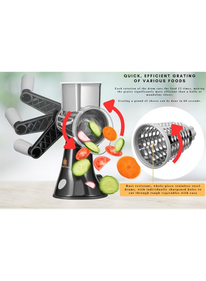 Brieftons 4-Blade Rotary Cheese Grater, Kitchen Food Cutter with Handle, Mandoline Vegetable Slicer, Nut Grinder, Hand Crank Shredder for Cheese, Vegetables, Fruits, Nuts, Easy to Use, Clean & Store - Image 3