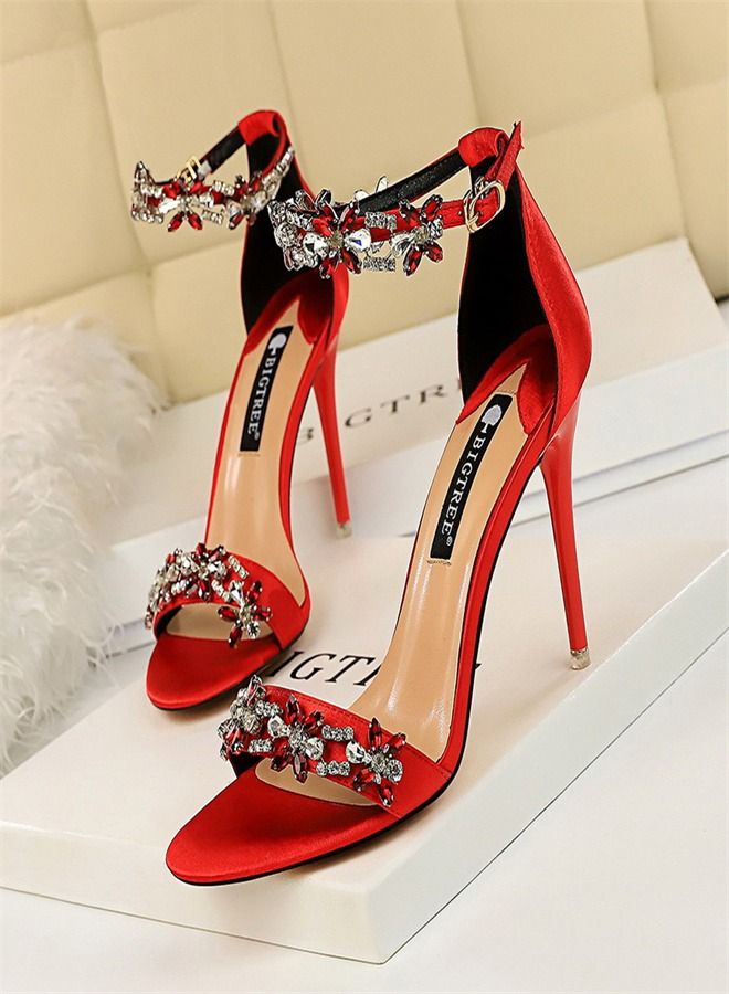 BIGTREE Satin Open-Toe Rhinestones With High-Heeled Sandals 9CM Red - Image 1