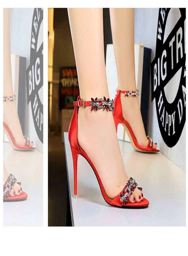 BIGTREE Satin Open-Toe Rhinestones With High-Heeled Sandals 9CM Red - Image 2