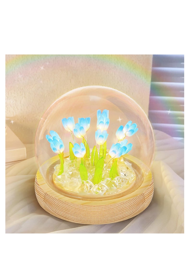 SYOSI Tulips Night Light Furniture Atmosphere Lamp Blue Artificial Flowers in Glass Dome with LED for Bedroom Decor Tulip Gifts for Mom Children Christmas Birthday (Finished Product-Blue) - Image 1