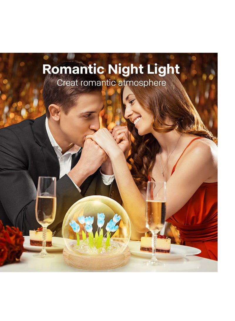 SYOSI Tulips Night Light Furniture Atmosphere Lamp Blue Artificial Flowers in Glass Dome with LED for Bedroom Decor Tulip Gifts for Mom Children Christmas Birthday (Finished Product-Blue) - Image 3