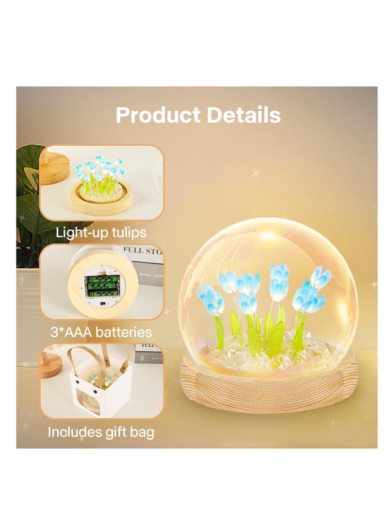 SYOSI Tulips Night Light Furniture Atmosphere Lamp Blue Artificial Flowers in Glass Dome with LED for Bedroom Decor Tulip Gifts for Mom Children Christmas Birthday (Finished Product-Blue) - Image 4