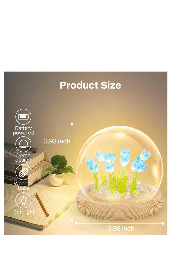 SYOSI Tulips Night Light Furniture Atmosphere Lamp Blue Artificial Flowers in Glass Dome with LED for Bedroom Decor Tulip Gifts for Mom Children Christmas Birthday (Finished Product-Blue) - Image 5