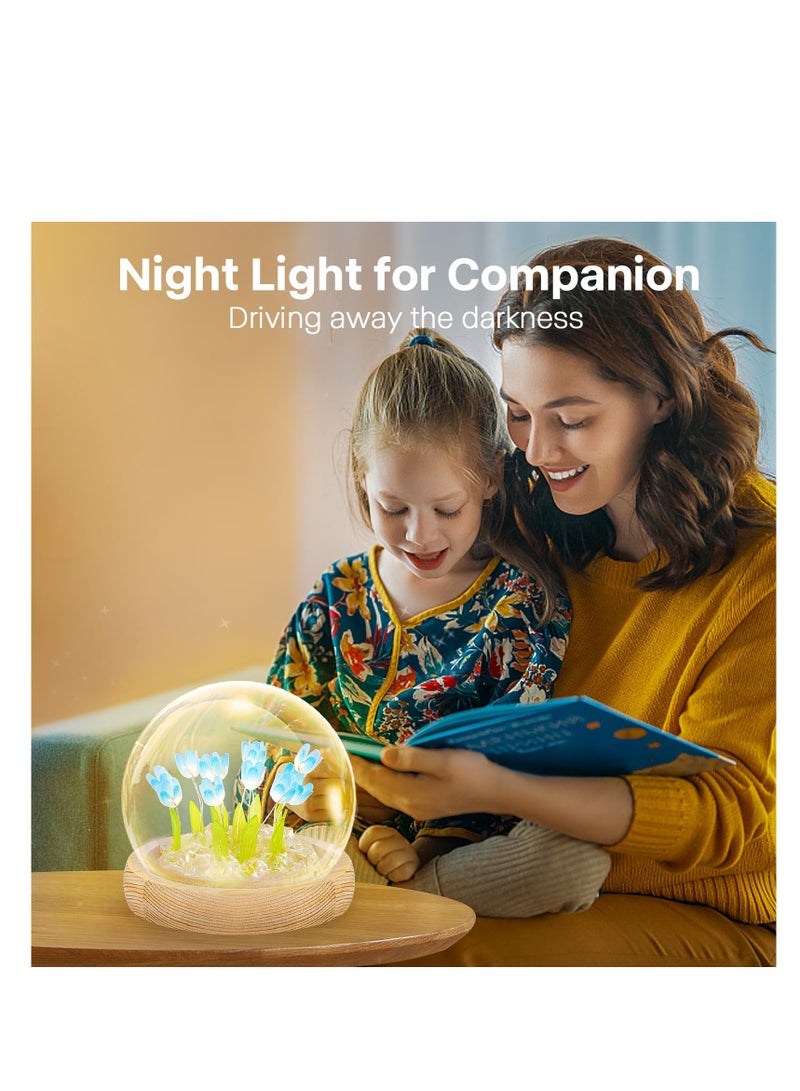 SYOSI Tulips Night Light Furniture Atmosphere Lamp Blue Artificial Flowers in Glass Dome with LED for Bedroom Decor Tulip Gifts for Mom Children Christmas Birthday (Finished Product-Blue) - Image 2
