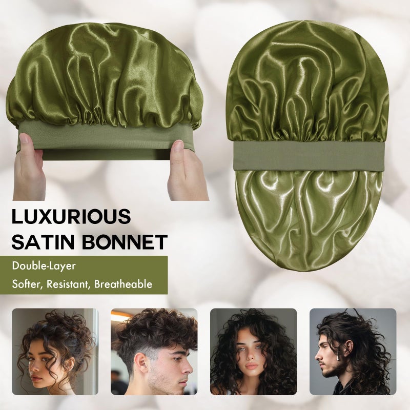 Doitory Satin Silk Bonnet for Sleeping, Double Layer Silk Sleep Cap for Men & Women, Soft Satin Lined Bonnet for Natural & Curly Hair(Green) - Image 2