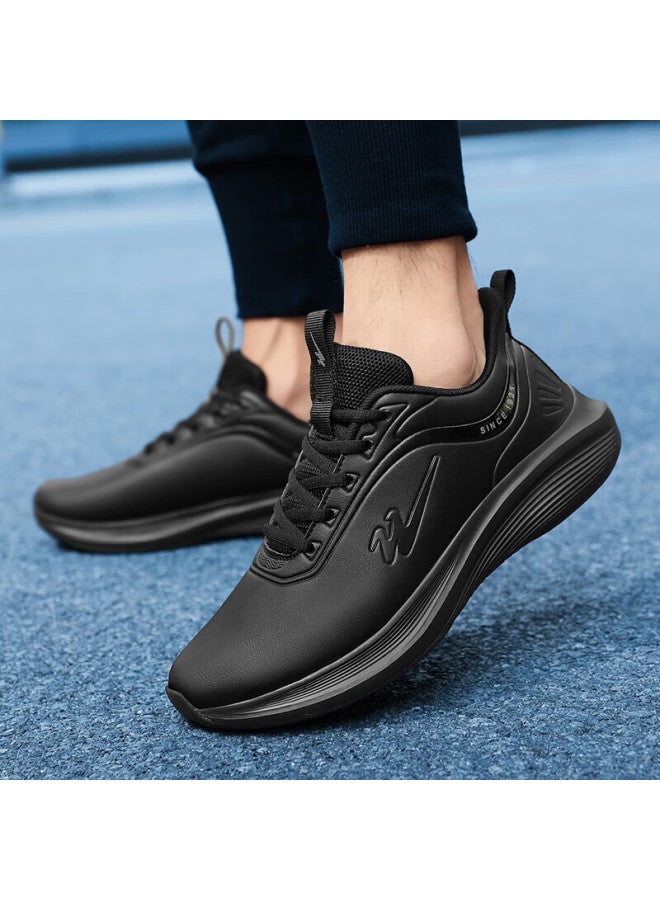 Double Star Men's Sports Shoes Autumn Winter New Leather Waterproof Running Shoes Lightweight Soft Sole Student Shoes Size 44 All Black - Image 1
